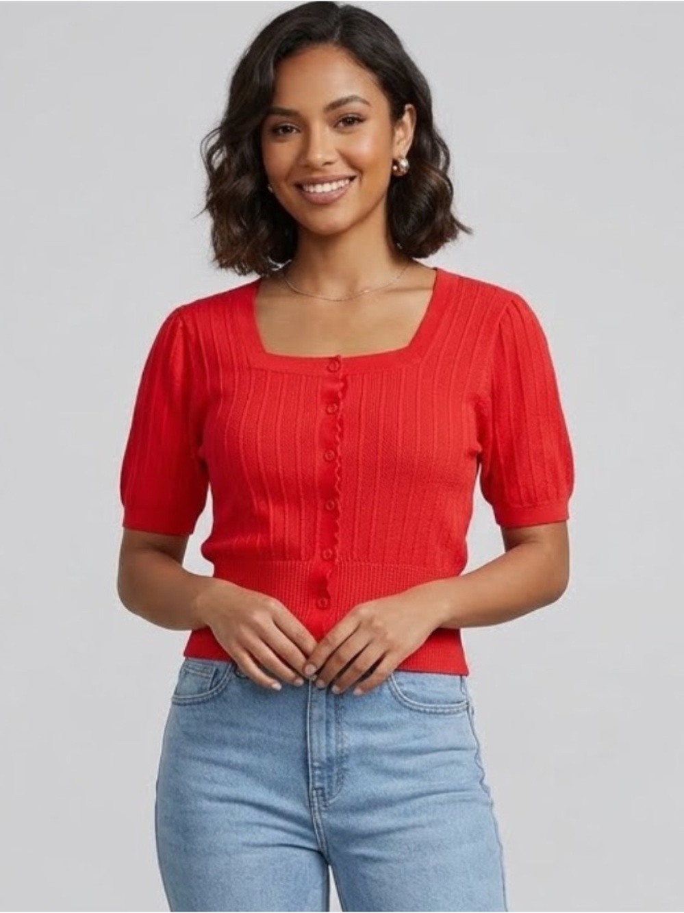 Curlbiuty Red Knit Cardigan Top Short Sleeve Square Neck Cottagecore XL NWOT